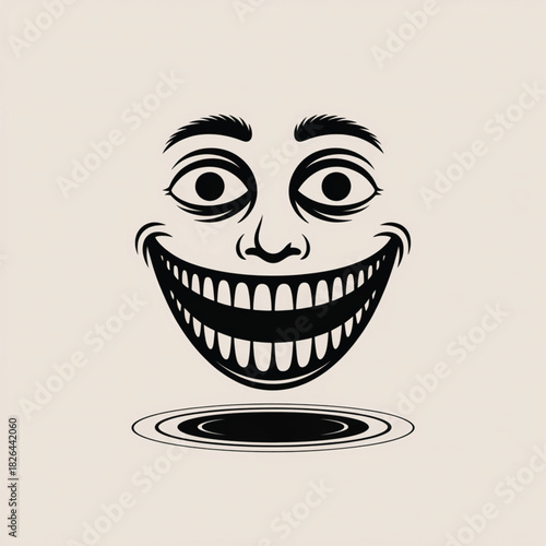 Black and White Cartoon Face With Wide Grin and Big Eyes