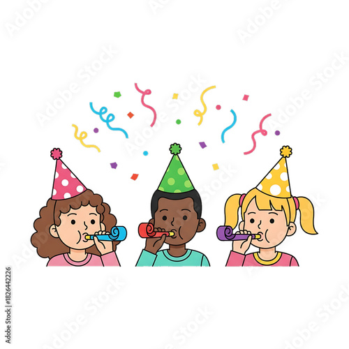 Children celebrating a festive party wearing colorful hats.