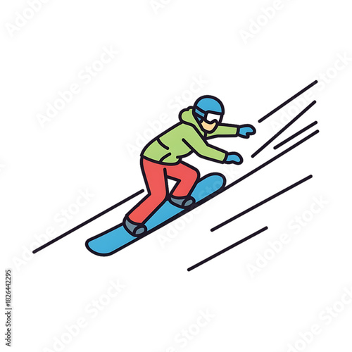 Snowboarder speeding downhill in winter gear.