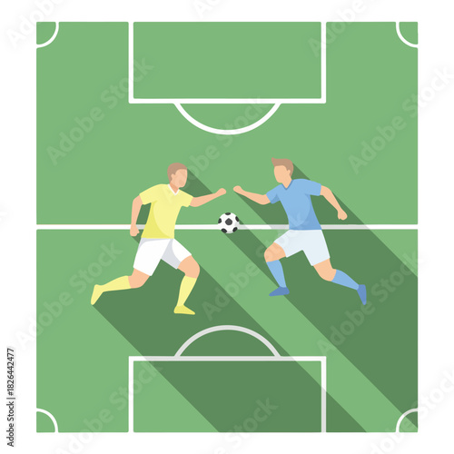 Two soccer players in yellow and blue uniforms running and competing for the ball on a green field with white lines, illustrated in a flat, graphic style with shadows.