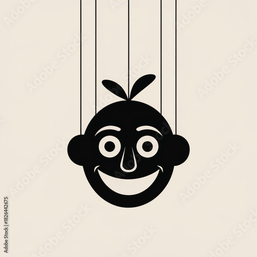 Black silhouette of a happy baby puppet face on strings