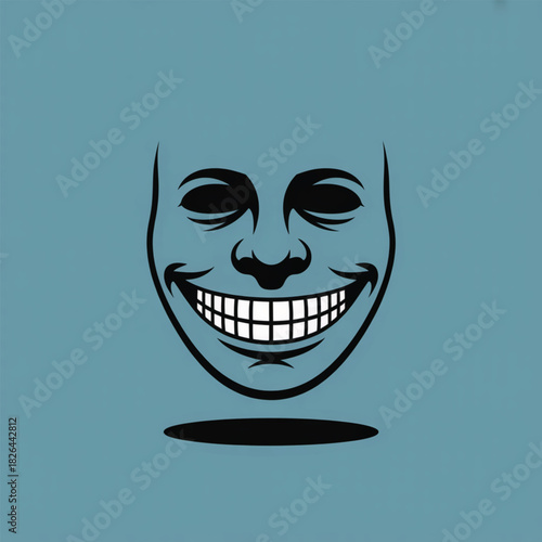 Blue Face With Wide Grin Against Light Blue Background