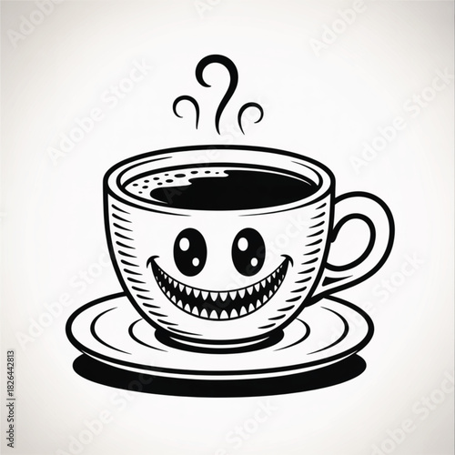 Cartoon Coffee Cup With Happy Scary Face saucer