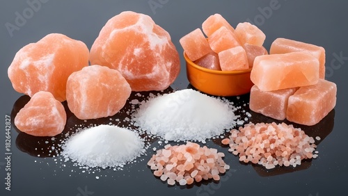 Variety of himalayan pink salt forms and textures on dark background