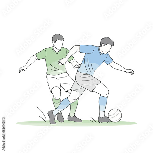 Illustration of two soccer players competing for the ball on a green field with a white background.