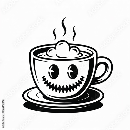 Cartoon Coffee Cup With Spooky Face and Foam saucer
