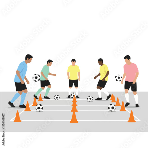 Illustration of five soccer players dribbling balls through cones in a training exercise with a white background.