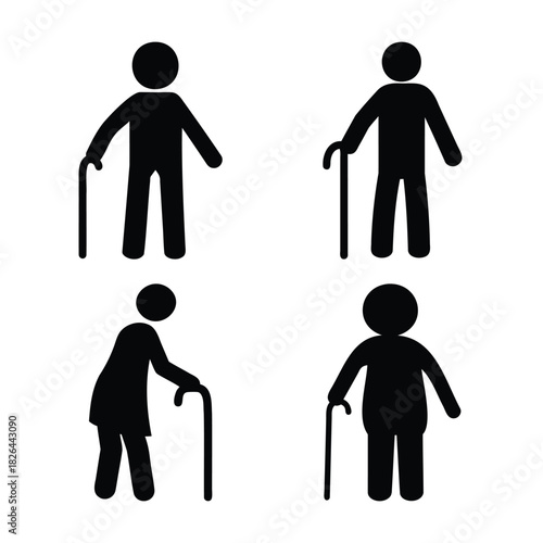 Elderly men and women stick figures with walking canes