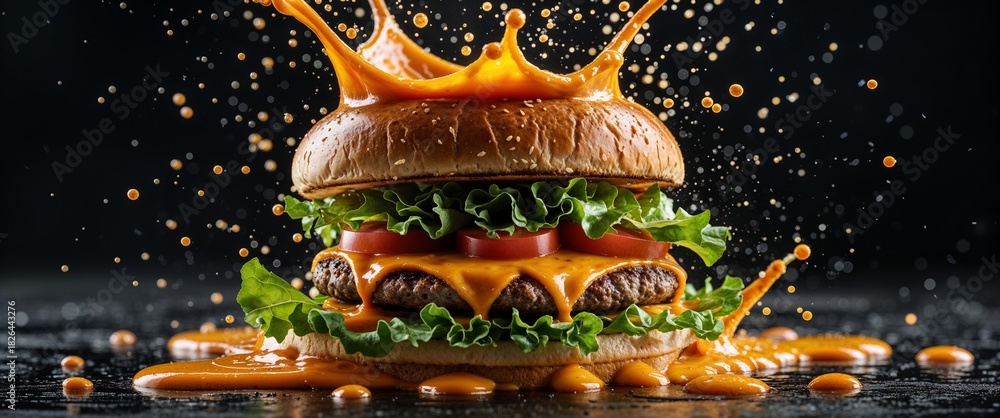 Obraz premium Delicious double cheeseburger with dripping sauce on black backdrop featuring juicy patties cheese slices tomato fresh lettuce and sesame seed bun for food ads 200c