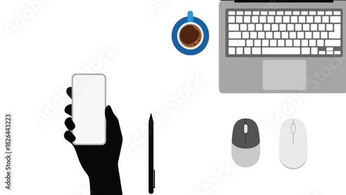 Overhead View of Modern Workspace Elements - Hand Holding Smartphone, Laptop, Coffee, and Mice on White Background