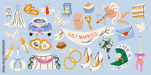 Vintage wedding stickers in cartoon doodle style. Marriage attributes, wedding decorations, engagement rings, romantic elements, bouquets. Wedding and love concepts. Vector illustrations