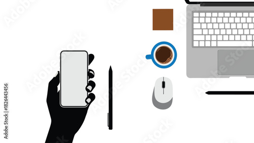 Top View Workspace Illustration with Hand Holding Smartphone, Laptop, Coffee, and Design Stylus. Digital Productivity Desk Vector.