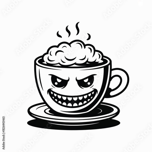 Evil Coffee Cup Character With Frothy Top saucer