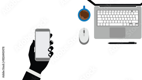 Overhead View of Hand Holding Smartphone at Desk with Laptop and Coffee