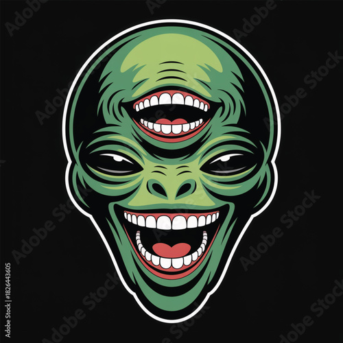 Green Alien Face with Multiple Eyes and Grinning Mouth