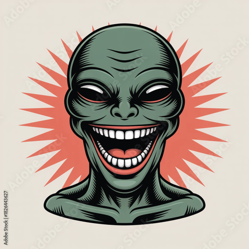 Green Alien Head with Wide Grin and Red Starburst extraterrestrial