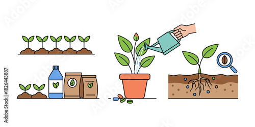 Seedlings growing and plants needing care with fertilizer and water