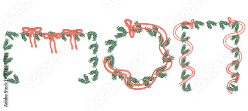 Hand-Drawn Christmas Pine Garland Frame with Ribbon — Festive Holiday Border Design