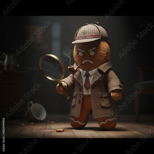 Mystery gingerbread detective with a suspicious frown holding a magnifying glass and smoking pipe against a dark room background with spilled coffee