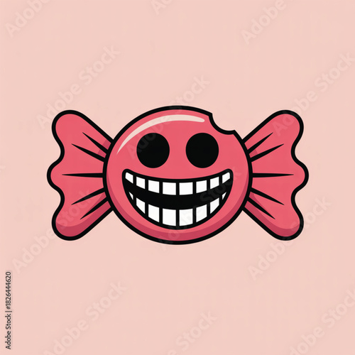 Pink candy with a bite taken out and a wide grin Keywords: candy, sweet, treat, food, pink