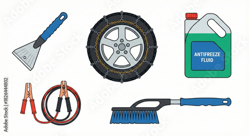 Essential Winter Car Kit Ice Scraper, Chains, Antifreeze, Jumper Cables