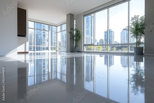 Bright and Modern Open Space with Floor-to-Ceiling Windows and Urban View