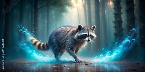 A Nocturnal Bandit's Mystical Journey Through an Enchanting Forest, Leaving a Trail of Luminescent Energy