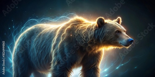 Majestic Grizzly Bear Illuminated by Ethereal Light Streaks, a Symbol of Wilderness Power and Untamed Nature