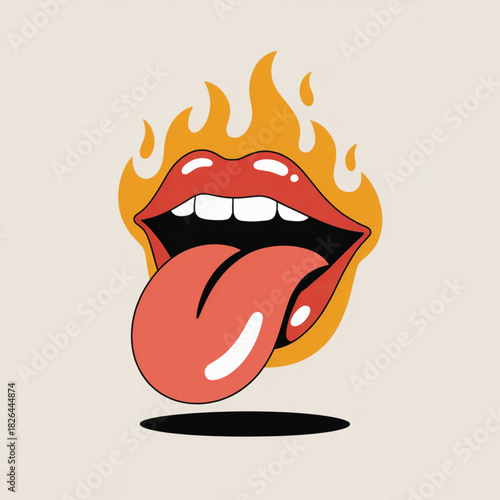Red lips with tongue sticking out and flames mouth