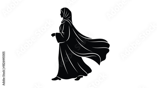 Elegant Muslim Woman in Flowing Abaya and Hijab Silhouette Vector Illustration