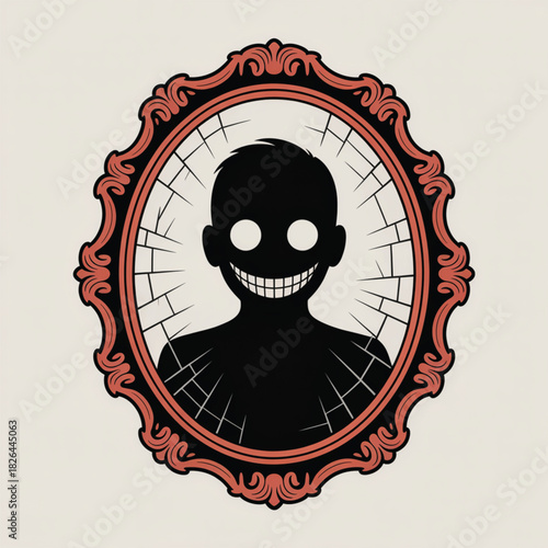 Silhouette of a grinning figure in an ornate cracked frame