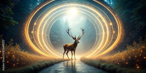 Majestic Stag Stands Within a Glowing Portal in an Enchanting Forest Path