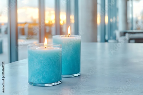 Serene Blue Candles on Table with Soft Lighting and Reflection in Modern Setting