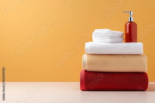 Stacked Towels with Pump Bottle on Orange Background for Spa and Bathroom Decor Ideas
