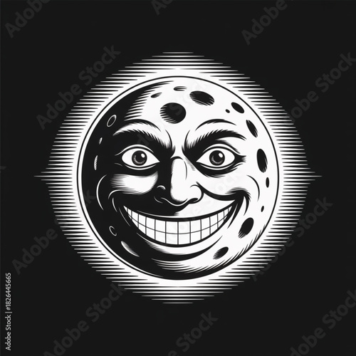 Vintage Engraved Moon Face With Wide Grinning Smile