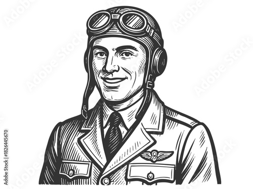 smiling vintage pilot wearing classic flight gear and goggles, evoking historical aviation sketch engraving generative ai fictional character vector illustration. Scratch board. Black and white image.