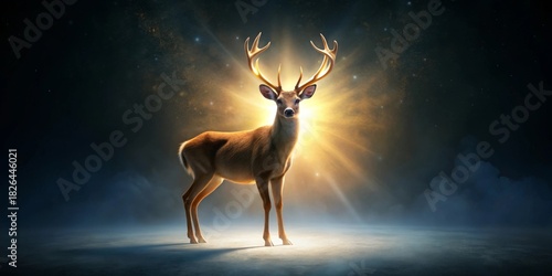 Majestic Deer in Mystical Golden Light, Standing Proudly on a Dark, Foggy Plain