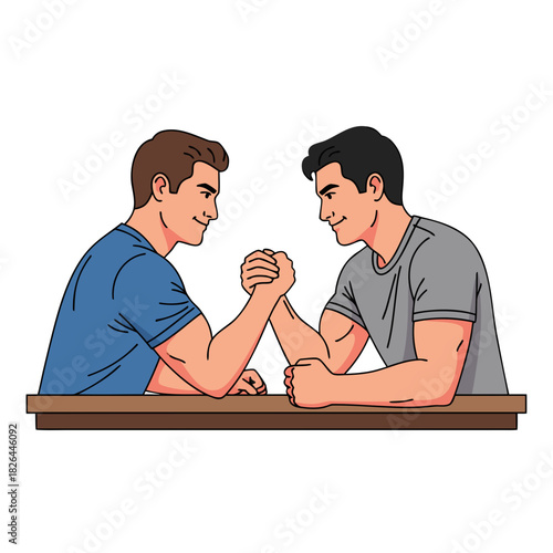Two young men arm wrestling at a table in a competitive environment  
