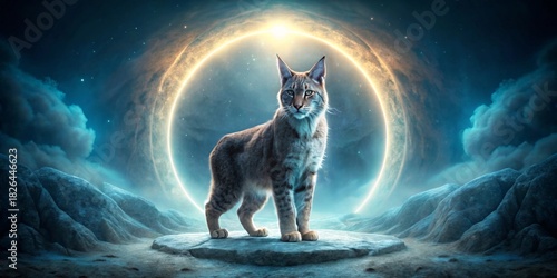 A majestic feline stands on a rocky outcrop, bathed in the ethereal glow of a celestial ring, under a star-filled night sky.