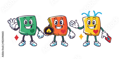 Playing cards characters. Deck of playing cards for poker and casino. Groovy mascot with gloved hands. Gambling bright vector poster
