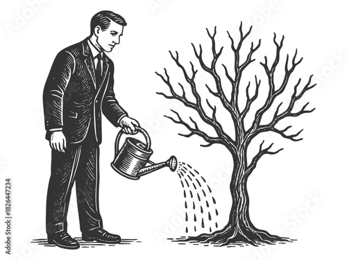 Businessman pouring water onto lifeless, leafless tree sketch engraving generative ai vector illustration. Scratch board. Black and white image.