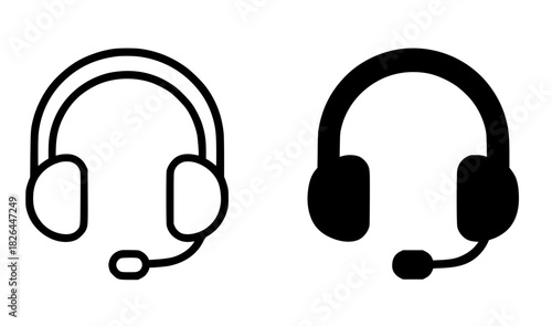 Vector illustration of headphones, black and white, outline and silhouette