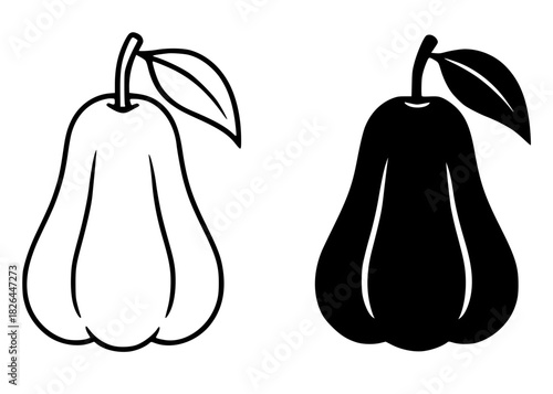 Vector illustration of water apple, black and white, outline and silhouette