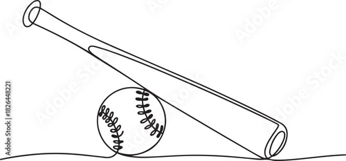Continuous one line drawing of baseball bat and the ball. Simple Baseball bat line art vector illustration, Baseball bat and baseball ball icon. one line Icon drawing