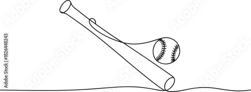 Continuous one line drawing of baseball bat and the ball. Simple Baseball bat line art vector illustration, Baseball bat and baseball ball icon. one line Icon drawing