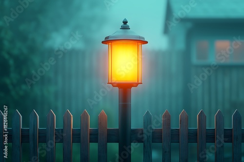 Glowing Lantern Illuminating Foggy Garden Pathway Beside Wooden Fence at Dusk