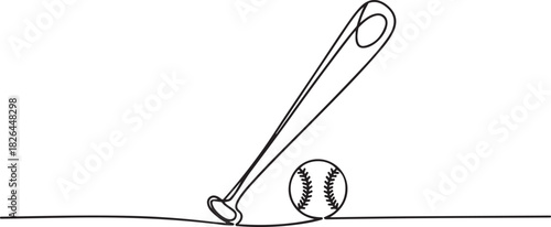 Continuous one line drawing of baseball bat and the ball. Simple Baseball bat line art vector illustration, Baseball bat and baseball ball icon. one line Icon drawing