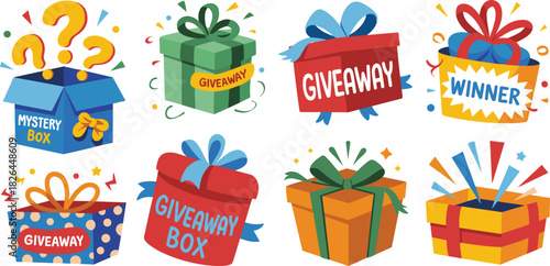 Gift box illustration set, colorful giveaway packaging, mystery prize concept, festive celebration vector, winner reward design, cartoon style, marketing icon