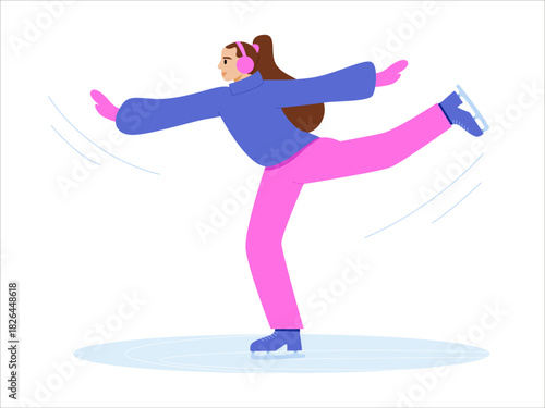 Woman in Outwear Ice Skating in Winter. Girl Dancing on Ice. Flat Vector Illustration.