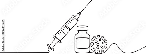 Vaccine. Insulin. Coronavirus. One line drawing. Vector illustration continuous line drawing, Insulin syringe, injection, vaccination, medical supplies. one line Icon drawing
